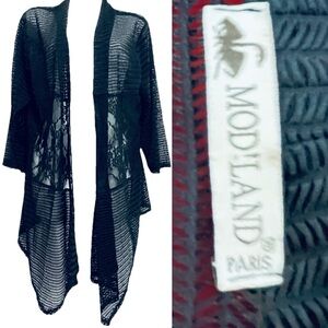 MOD’LAND PARIS Chic Black Lace Cardigan Style Asymmetrical Tunic Top Size Large